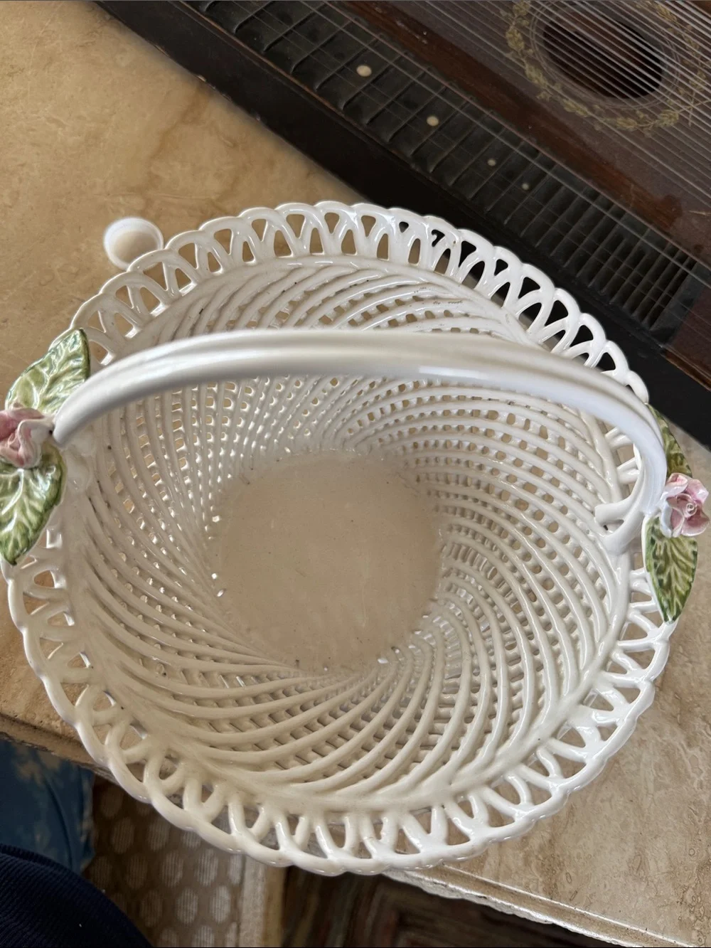 Signed White Ceramic Handled Basket with Floral Accents - Home Accents